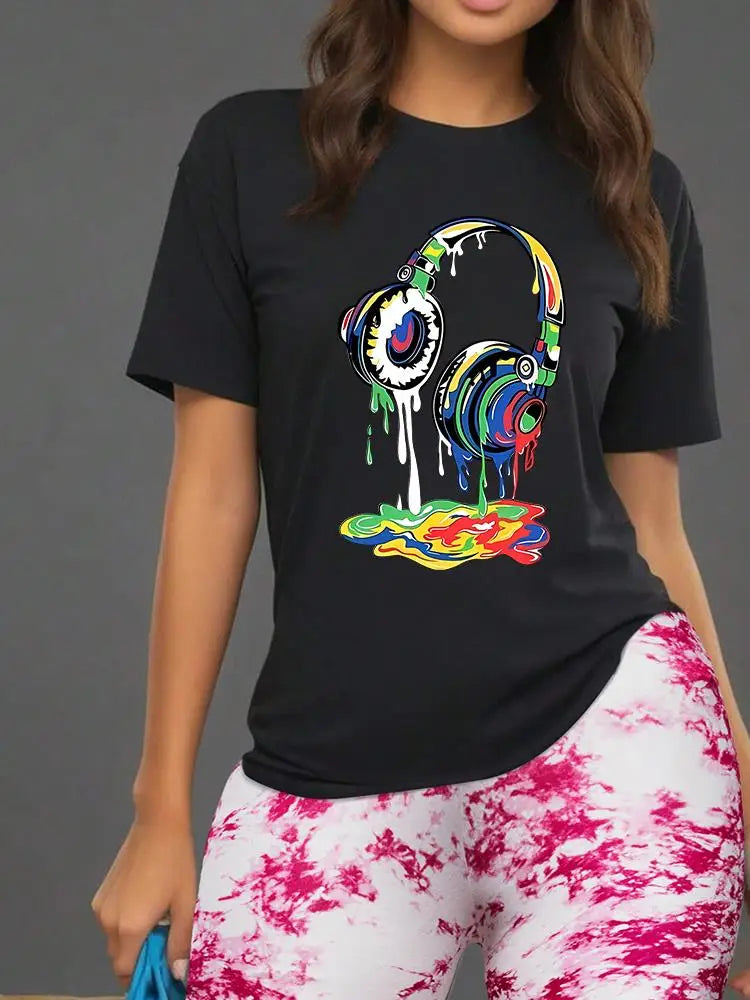 Color Earphones Print Women T Shirts Two Piece Set Fashion Novel Floral Shorts Sets Summer Breathable Cotton Shirt Shorts Female