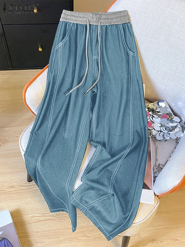 ZANZEA Women Denim Wide Leg Pants 2026 Casual Pockets Elastic Waist Long Pants Fashion Pleated Lace-up Trousers Loose Bottoms