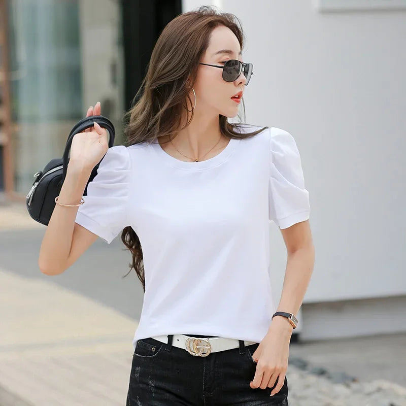 Plus Size Puff Sleeve Basic T-shirt Women Loose Short Sleeve Knitted Shirts Female Solid Tees Ladies Summer Tops Harajuku New