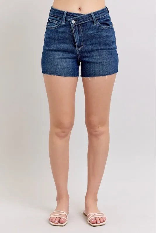 Judy Blue Full Size High Waist Criss - Cross Waistband Denim Shorts in Dark Wash - Nikki &amp; Co. Boutique