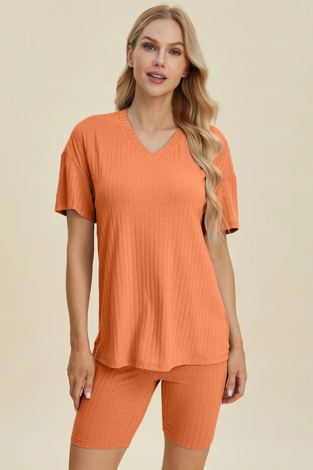 Basic Bae Full Size Ribbed V-Neck Shorts Sleeve Tops and Shorts Sets | Nikki &amp; Co. Boutique