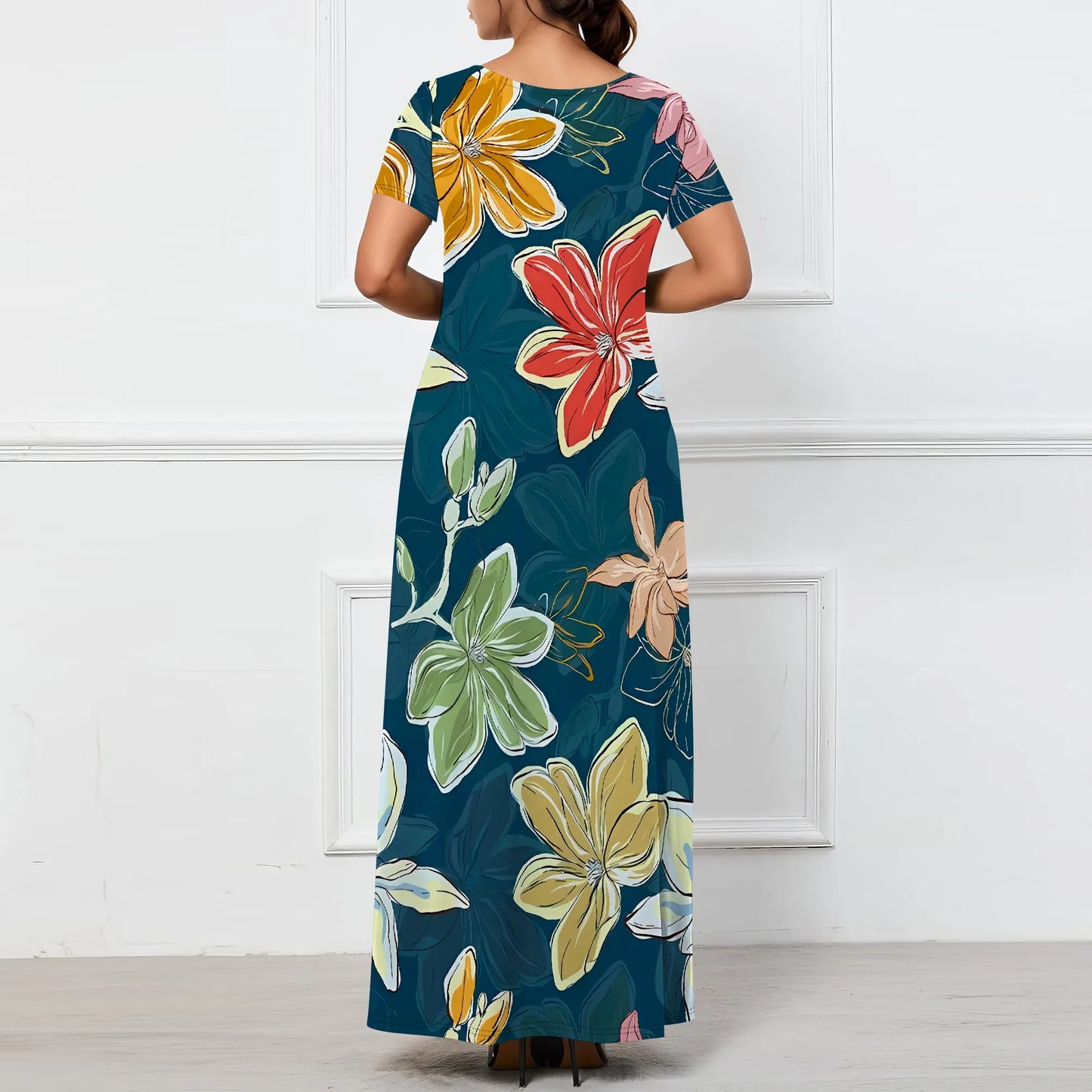 Women's Multicolor Floral Print Maxi Dress Short Sleeve V Neck Long Dress Casual Summer Beach Holiday Wear