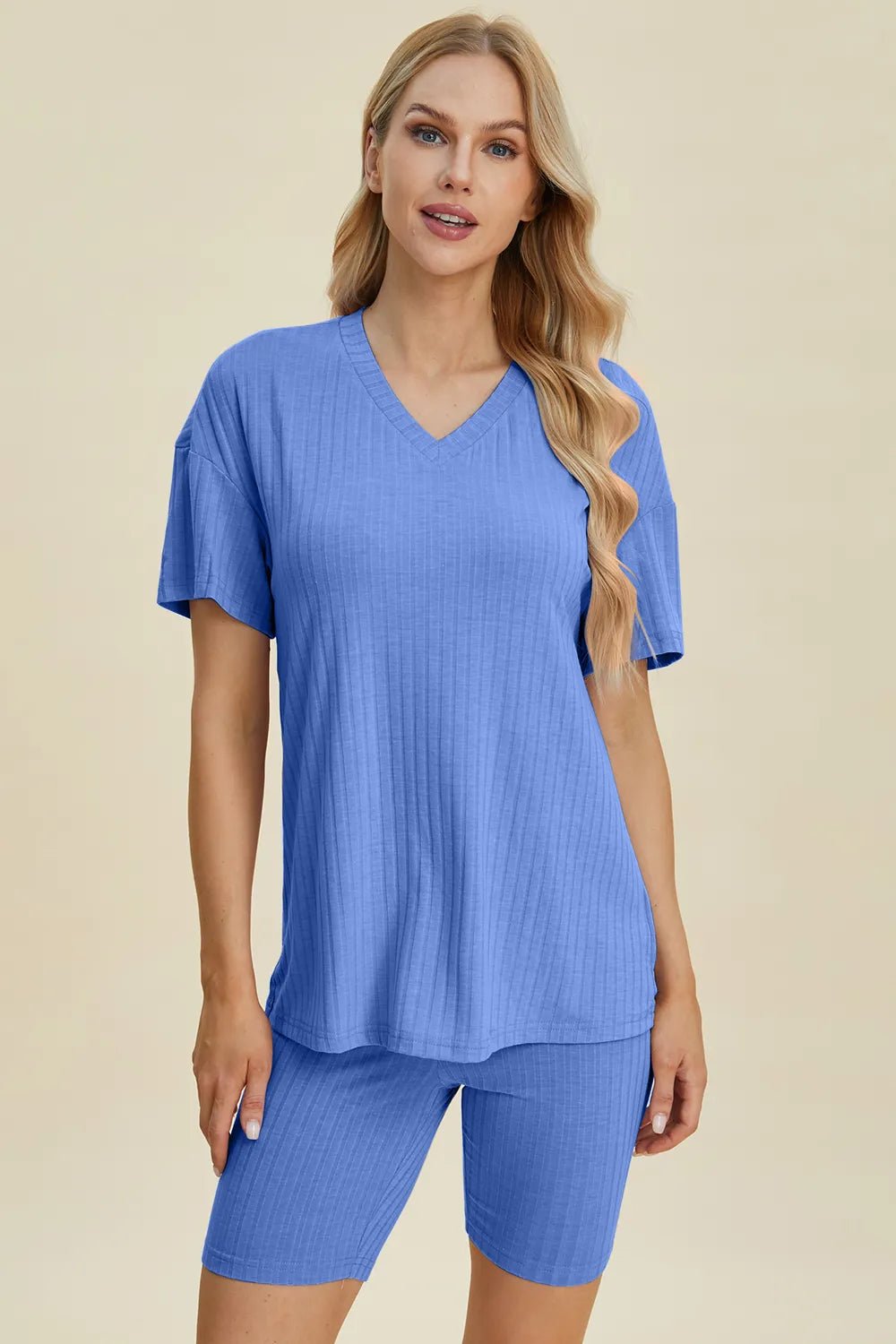 Basic Bae Full Size Ribbed V-Neck Shorts Sleeve Tops and Shorts Sets | Nikki &amp; Co. Boutique