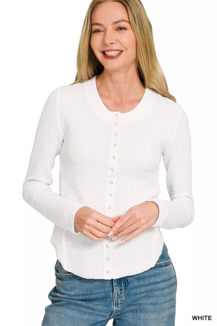 Zenana Double-Knit Snap-Button Shirt | White - Nikki &amp; Co. Boutique