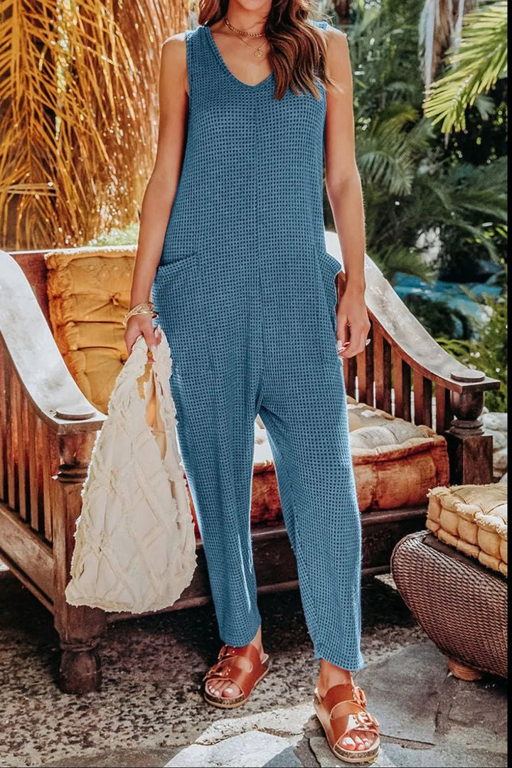 Waffle-Knit Sleeveless V-Neck Jumpsuit with Pockets - Nikki &amp; Co. Boutique