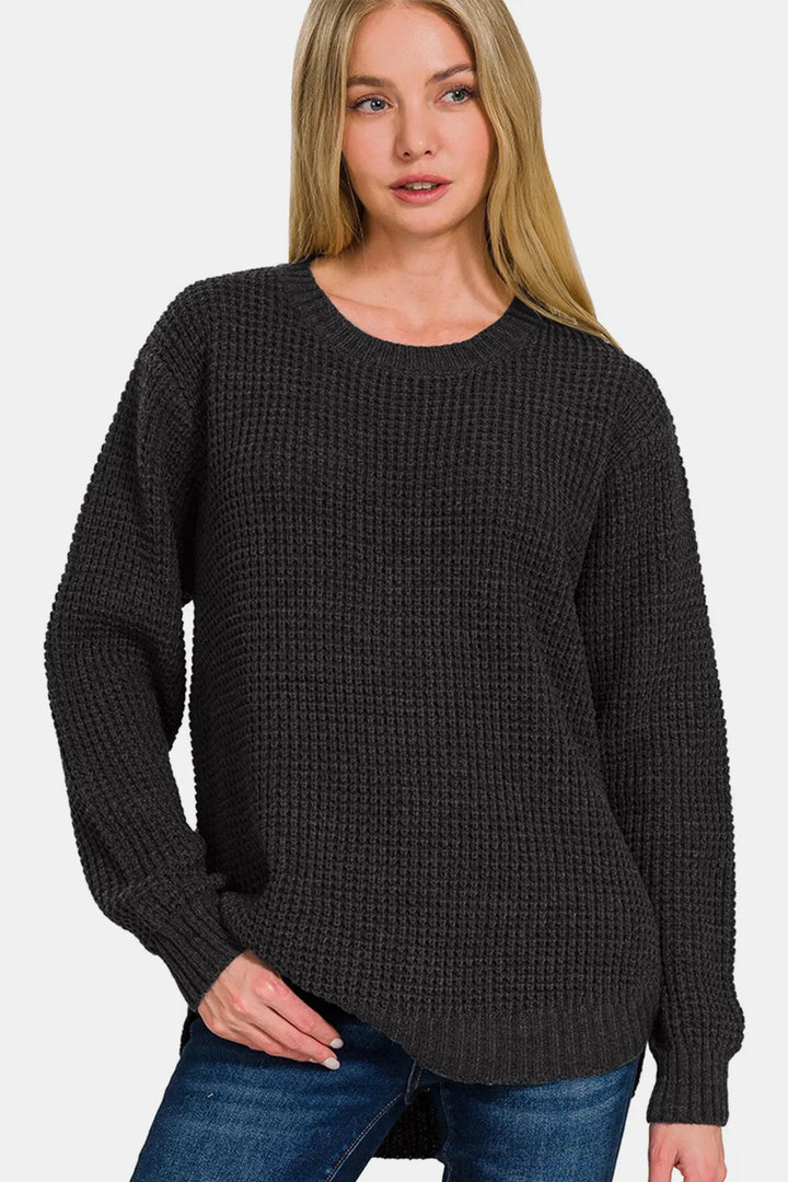 Zenana High Low Long Sleeve Waffle Sweater - Nikki &amp; Co. Boutique