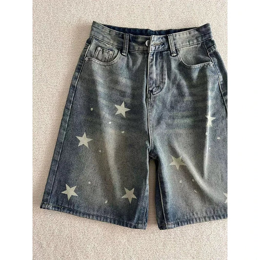 Summer Women 5XL Denim Shorts High Waist Star Pattern Blue shorts American Casual Fashion Female Retro Knee-length Jeans