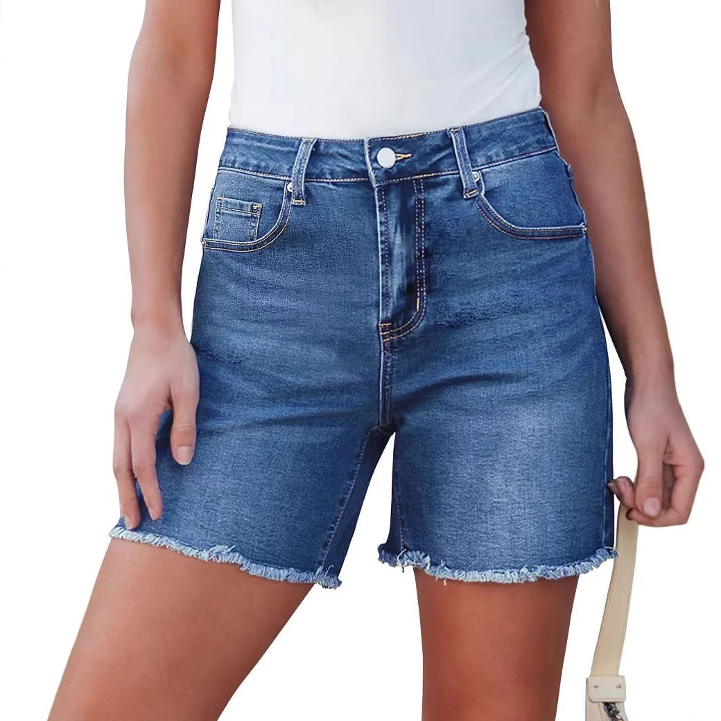 Denim Shorts Distressed Women Jean High Waist Trousers Knee Length Spliced Zipper Fly Washed Solid Pockets Casual Summer