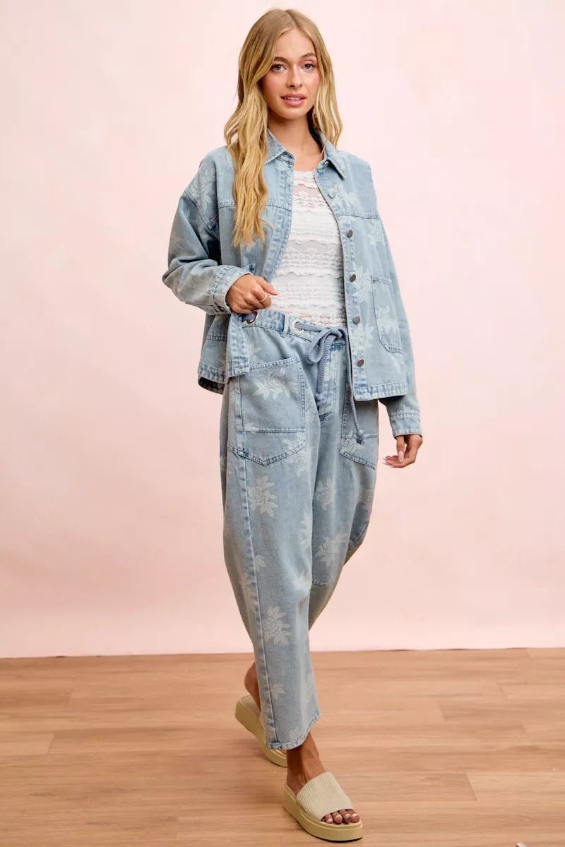 BiBi Printed Washed Denim Jacket With Pocket - Nikki &amp; Co. Boutique