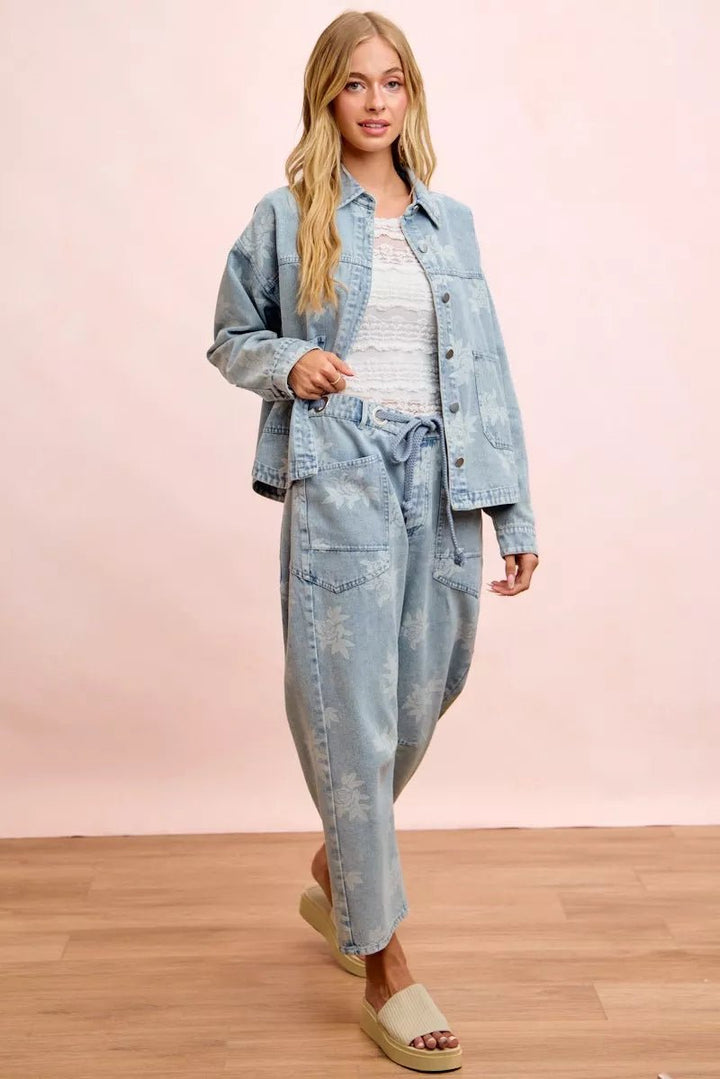 BiBi Printed Washed Denim Jacket With Pocket - Nikki &amp; Co. Boutique