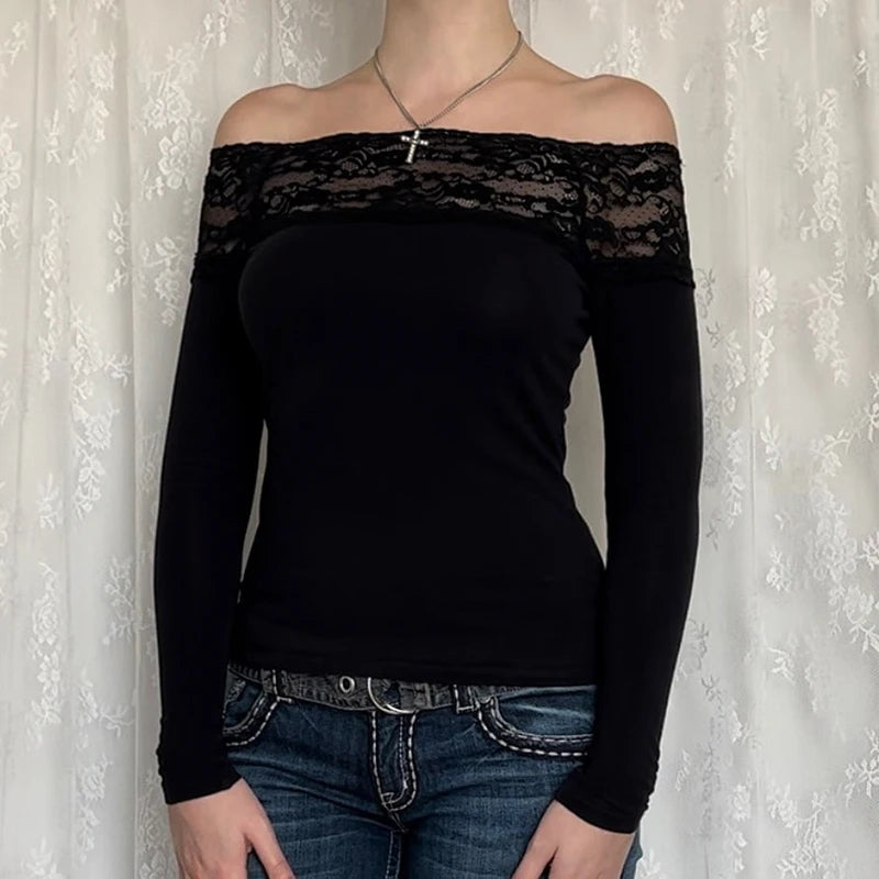 CIBBAR Black Lace Stitched Slash Neck Crop Top Elegant Sexy Skinny Long Sleeve T Shirts for Women Harajuku Y2k Spring Tees Basic