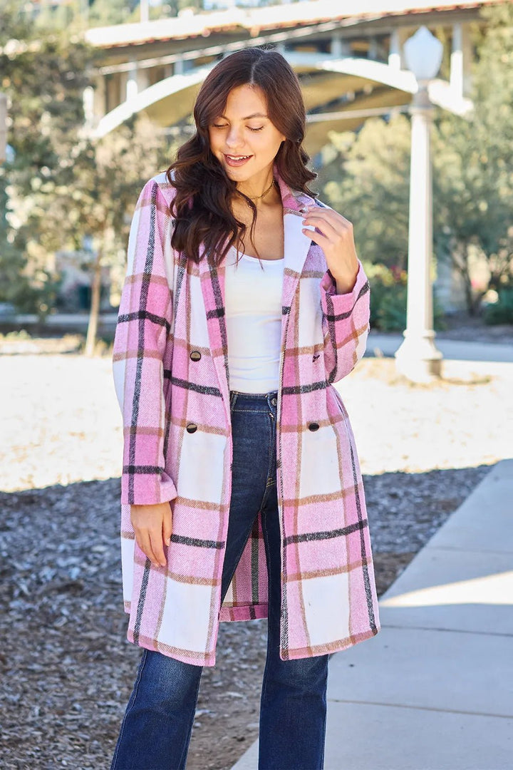 Double Take Full Size Plaid Button Up Lapel Collar Coat - Nikki &amp; Co. Boutique