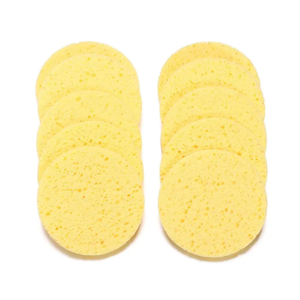 10 pcs 6-9cm Yellow Face Round Makeup Remover Tool, Wood Sponge Cellulose Cosmetic Puff, Cleansing Sponge, Facial Washing Sponge