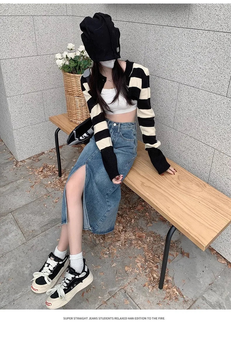 Summer New High-Waist Slit Denim Skirt for Women Washed Retro A-Line Skirt Hip Covering Straight Long Skirt