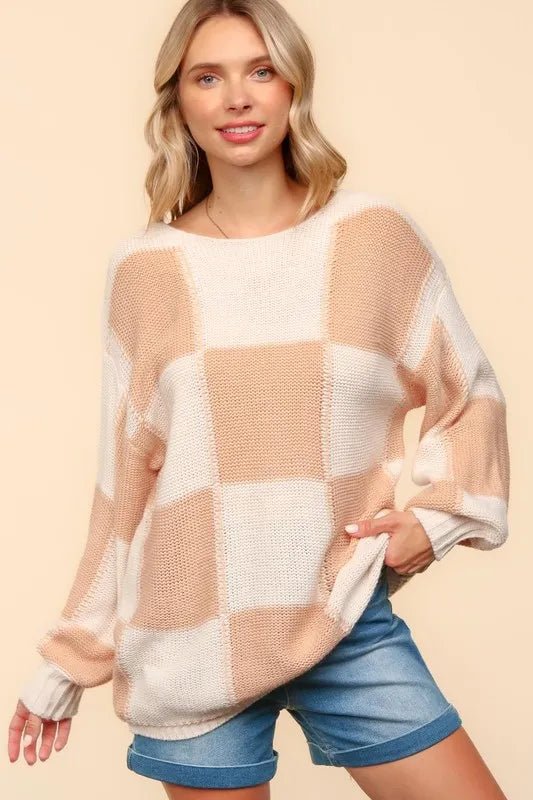 Haptics Full Size Checkered Round Neck Drop Shoulder Sweater - Nikki &amp; Co. Boutique