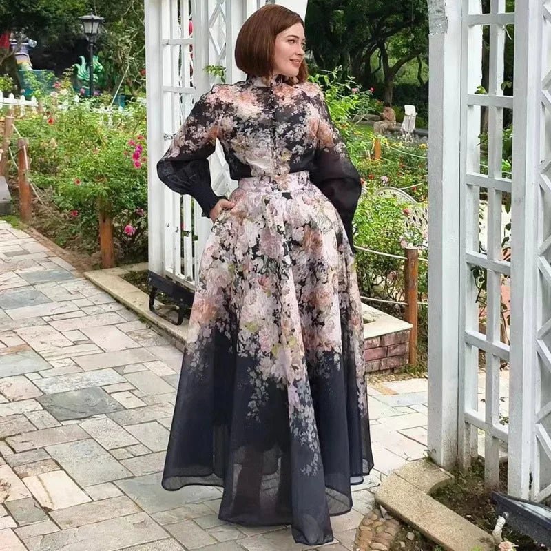 Women Flower Printed Dress Sets Long Sleeve Button Shirts+Pleated Zippers Skirts Two Pieces Suits Summer Lady Casual Outfits