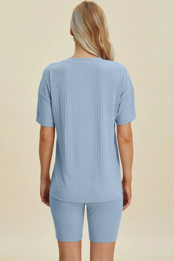 Basic Bae Full Size Ribbed V-Neck Shorts Sleeve Tops and Shorts Sets | Nikki &amp; Co. Boutique