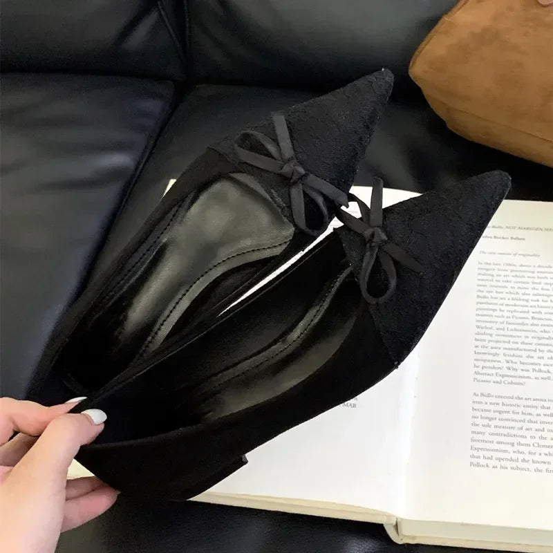 Leopard Print Pointed Toe Lace Bow Mules Shoes Fashion Sexy Elegant Office Women Shoes Autumn Suede Shallow Flat Shoes for Women