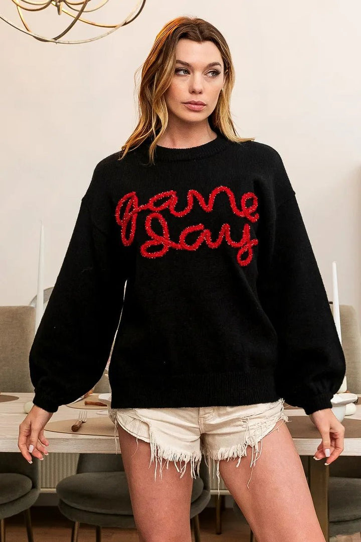 BiBi Game Day Metallic Letter Sweater | Black &amp; Red - Nikki &amp; Co. Boutique