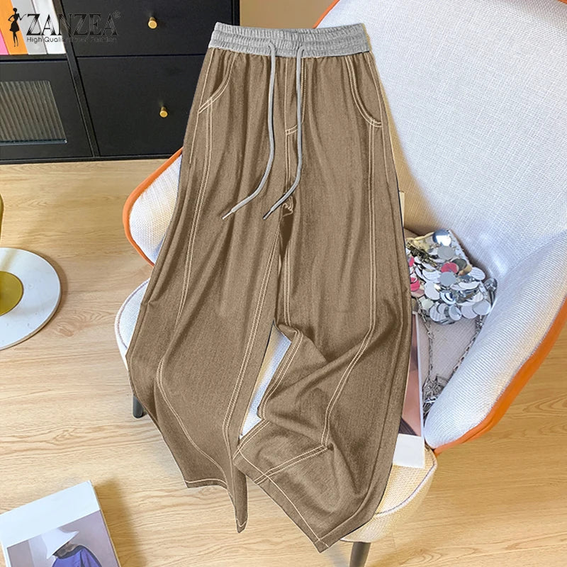 ZANZEA Women Denim Wide Leg Pants 2026 Casual Pockets Elastic Waist Long Pants Fashion Pleated Lace-up Trousers Loose Bottoms