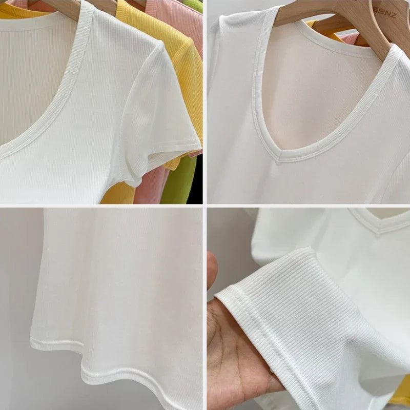 Female Y2K Tops Clothes Summer Sexy Basic Crop Top Women Ribbed Short Sleeve T-shirts Casual V-Neck Solid Slim Fit Tee