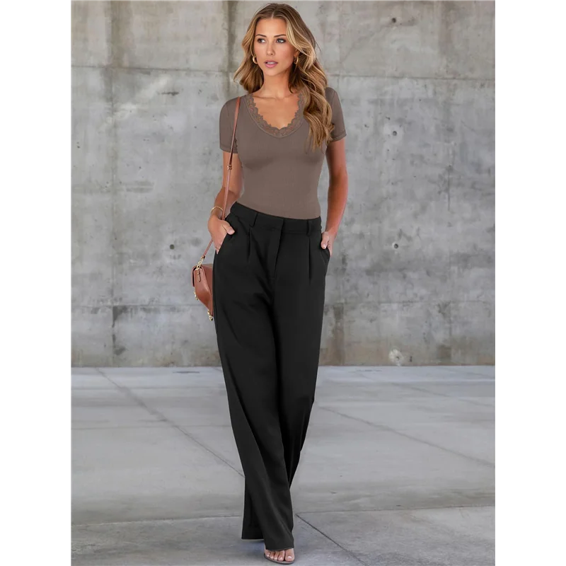 ASDS-Women Short Sleeve Lace V Neck Shirts Ribbed Knit Fitted Business Dressy Casual Summer Blouses T-Shirt