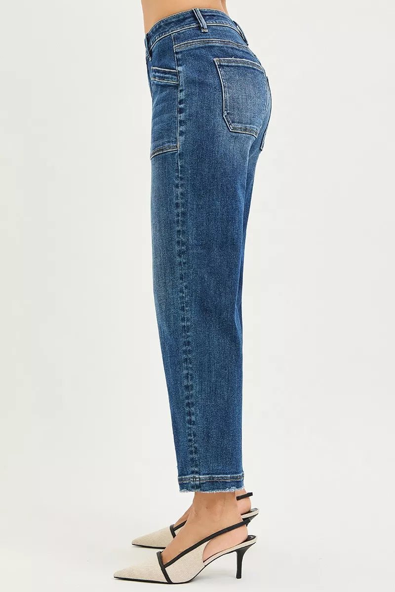 RISEN Slouchy Cropped Baggy Jeans with Front Patch Pocket in Dark Wash - Nikki &amp; Co. Boutique