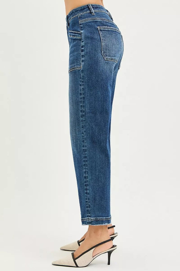 RISEN Slouchy Cropped Baggy Jeans with Front Patch Pocket in Dark Wash - Nikki &amp; Co. Boutique