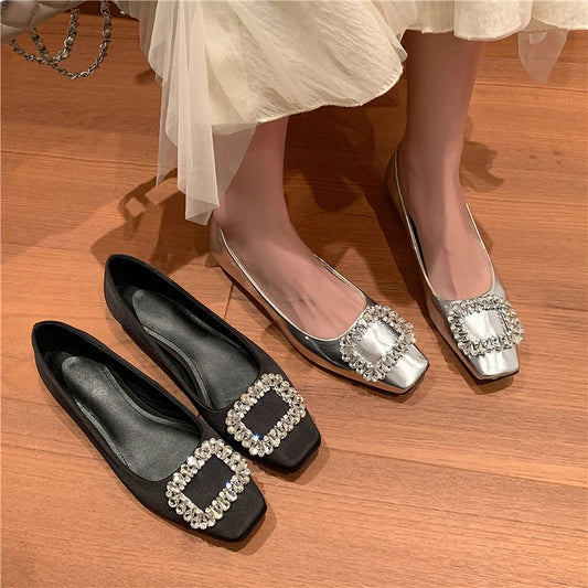 Drestrive Elegant Women's Pumps Cow Leather Crystal Knot Square Toe Thick Low Heels Handmade Summer Shoes