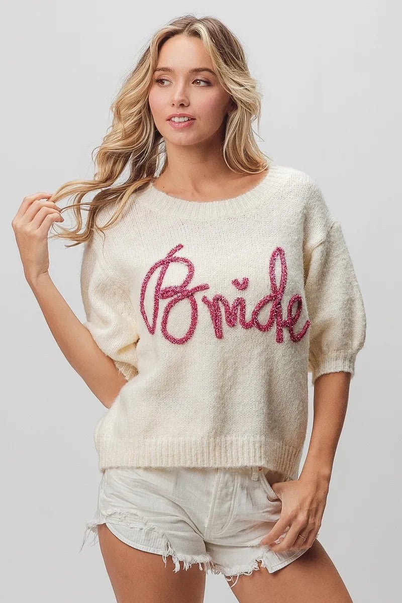 BiBi Metallic Letter Shorts Puff Sleeve Hairy Sweater | Nikki &amp; Co. Boutique