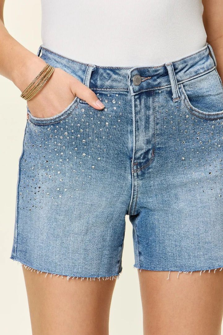 Judy Blue Full Size High Waist Rhinestone Decor Denim Shorts in Light Wash - Nikki &amp; Co. Boutique