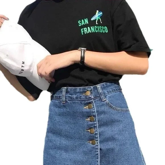 Summer Irregular High-waisted Denim Half Body Skirts, European and American Women's Fashionable Breasted Casual Denim Skirts