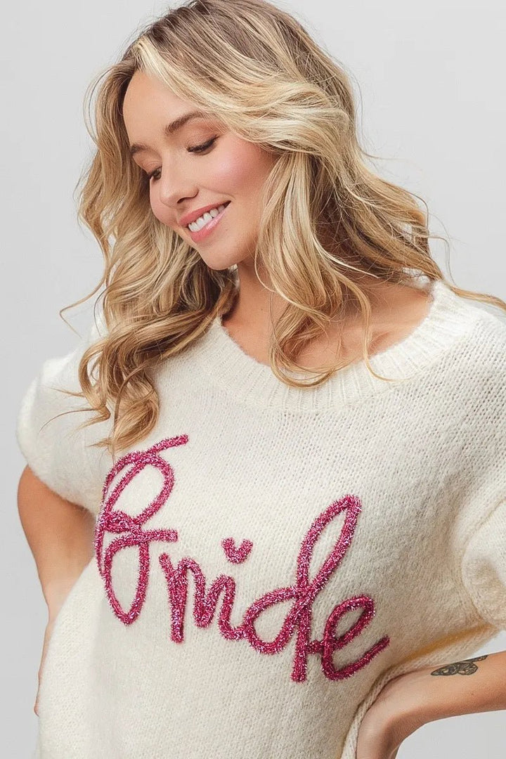BiBi Metallic Letter Shorts Puff Sleeve Hairy Sweater | Nikki &amp; Co. Boutique