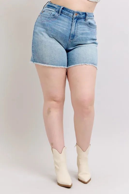 Judy Blue Full Size High Waist Western Embroidery Cut Off Denim Shorts in Light Wash - Nikki &amp; Co. Boutique