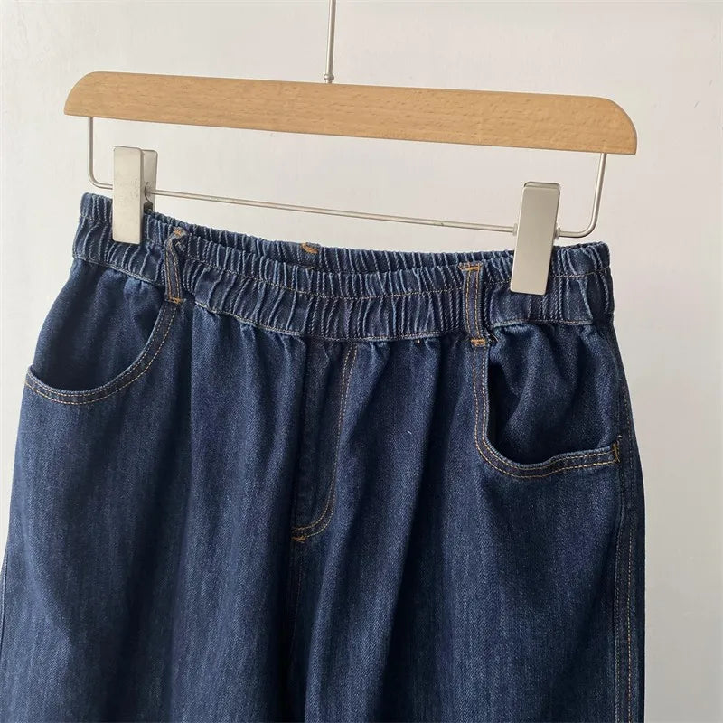 High Waist Wide Leg Harlan Jeans Women's Faionable Trendy Distred Elastic Waist Design Sensation Denim Pants