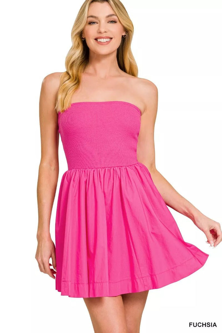 Zenana Combined Knit Tube Top Flare Mini Dress in Fuchsia - Nikki &amp; Co. Boutique