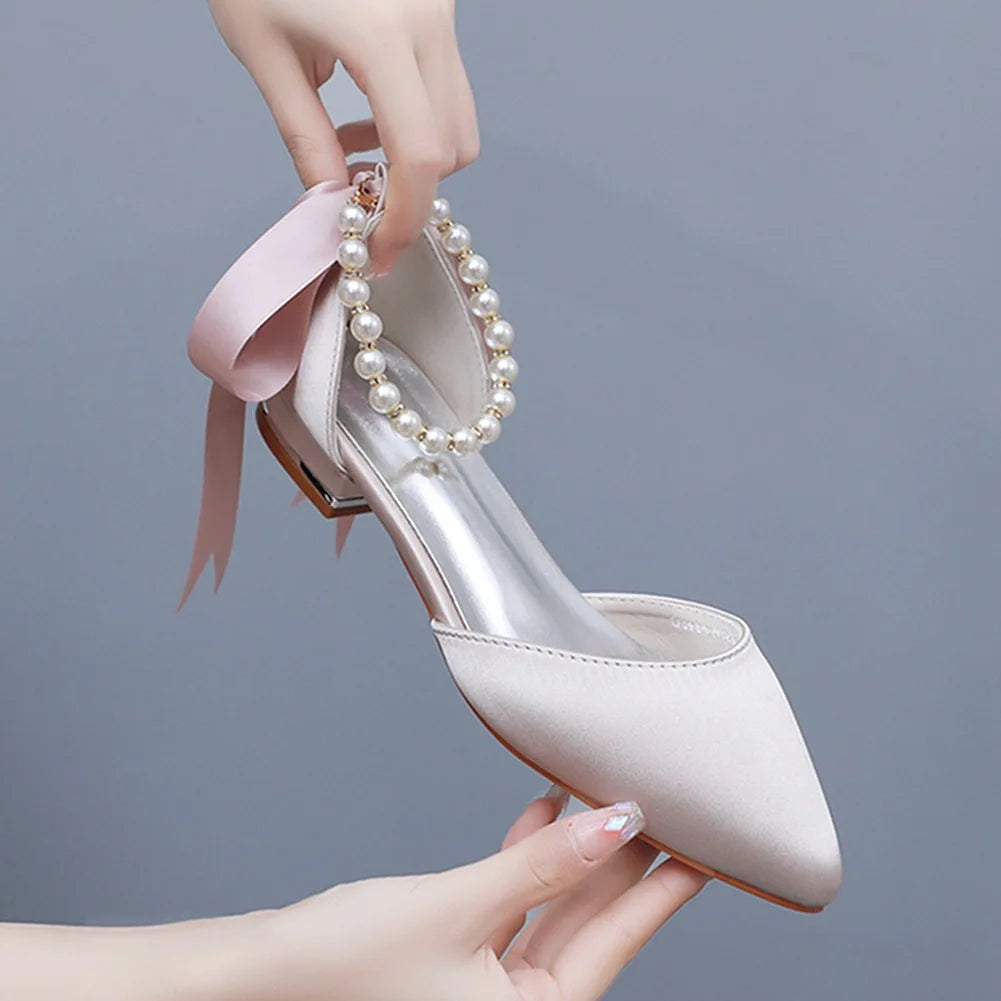 Wedding Shoes Bride Flat Heel Pointed Hollow Sandals Women White Satin Beaded Bride's Wedding Dress Shoes Sandalias