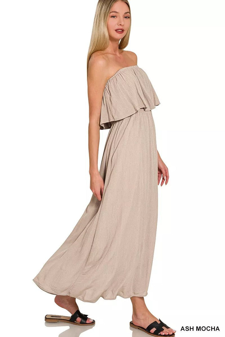 Zenana Woven Crinkle Strapless Maxi Dress in Ash Mocha - Nikki &amp; Co. Boutique