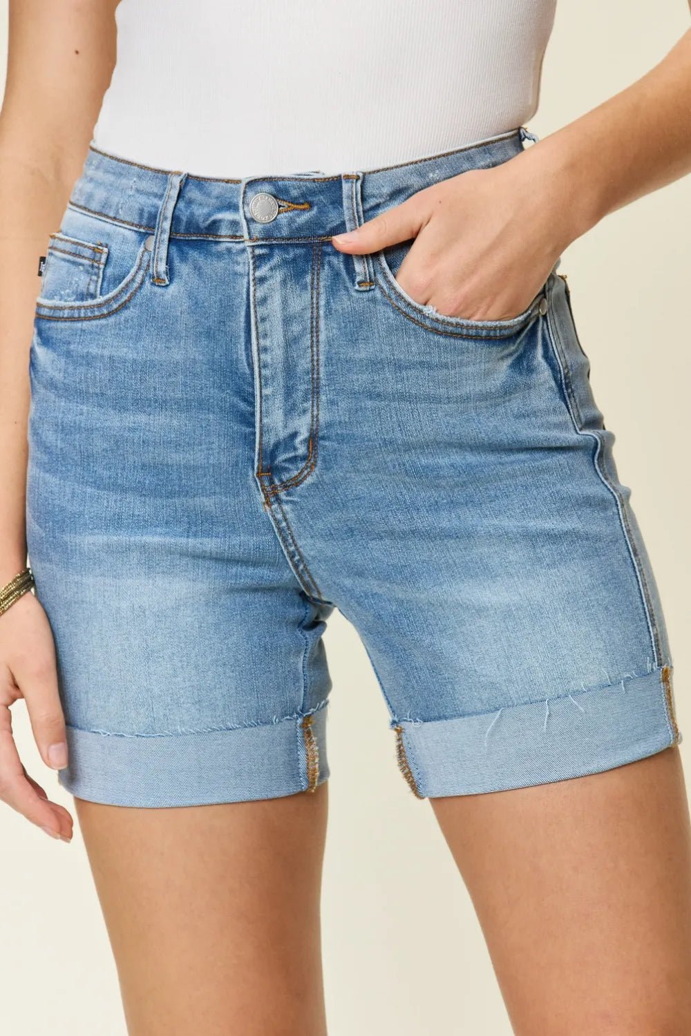 Judy Blue Full Size Tummy Control High Waist Denim Shorts in Medium Wash - Nikki &amp; Co. Boutique