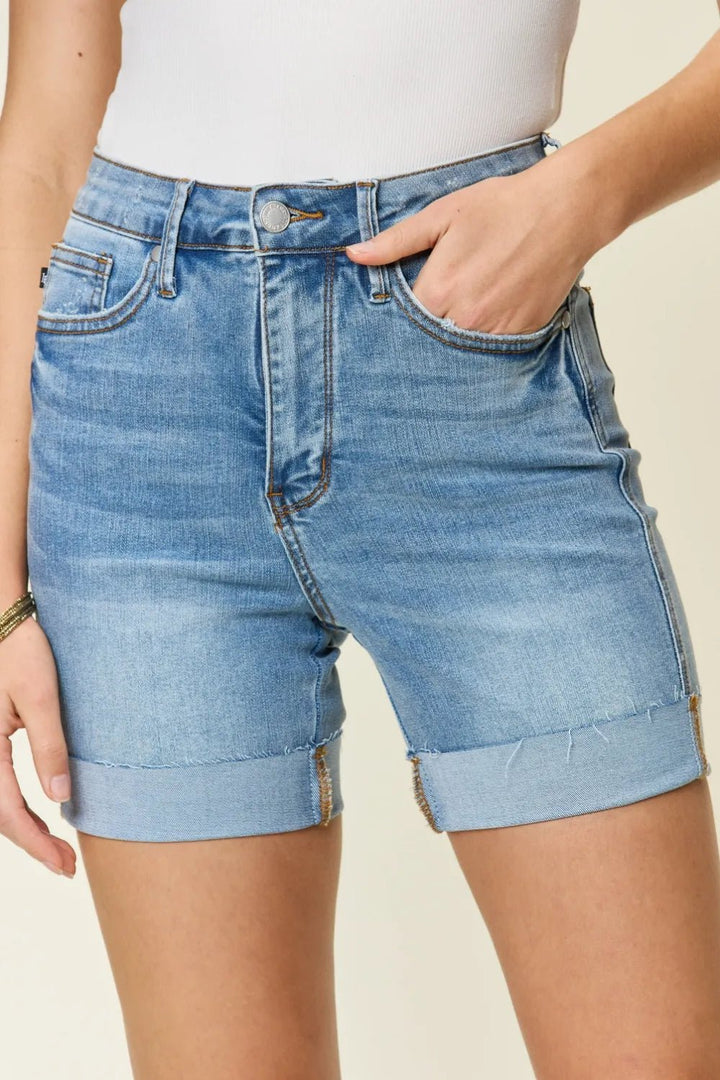 Judy Blue Full Size Tummy Control High Waist Denim Shorts in Medium Wash - Nikki &amp; Co. Boutique