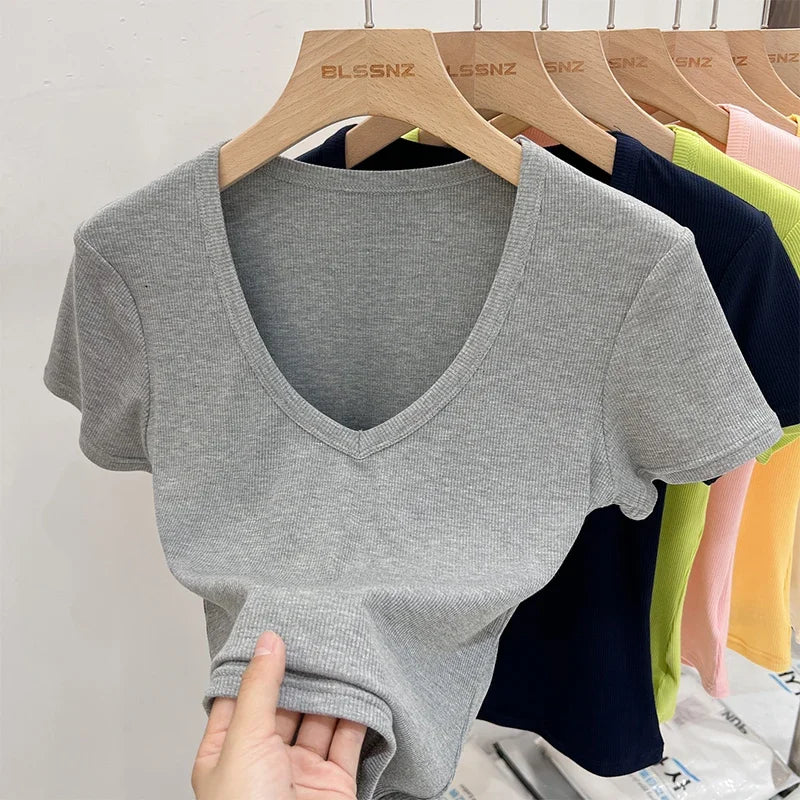 Female Y2K Tops Clothes Summer Sexy Basic Crop Top Women Ribbed Short Sleeve T-shirts Casual V-Neck Solid Slim Fit Tee