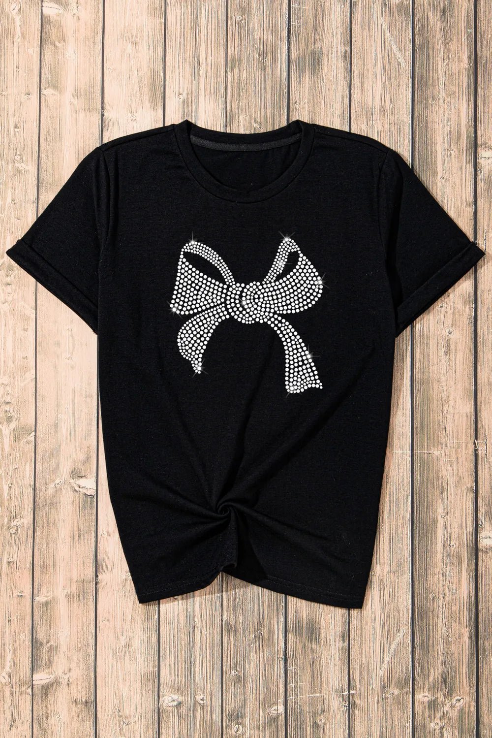 Rhinestone Bow Graphic Round Neck Shorts Sleeve T-Shirt - Nikki &amp; Co. Boutique