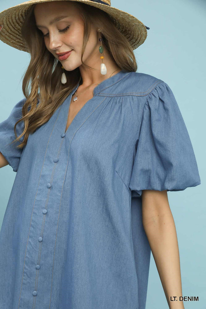 Umgee Chambray Puff Sleeve Dress in Light Denim - Nikki &amp; Co. Boutique