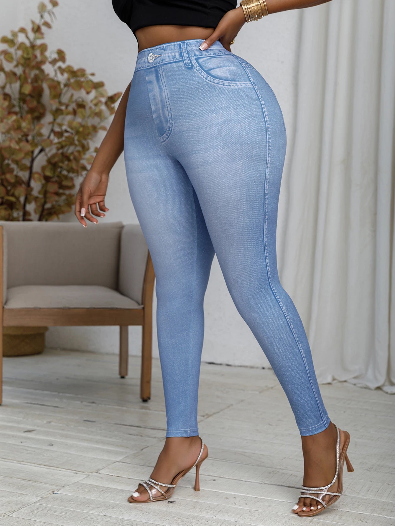Plus Size Faux Denim Printed Leggings with Fake Distressed Detail Comfortable Soft and Fashionable Knit High Stretch Sports Pan