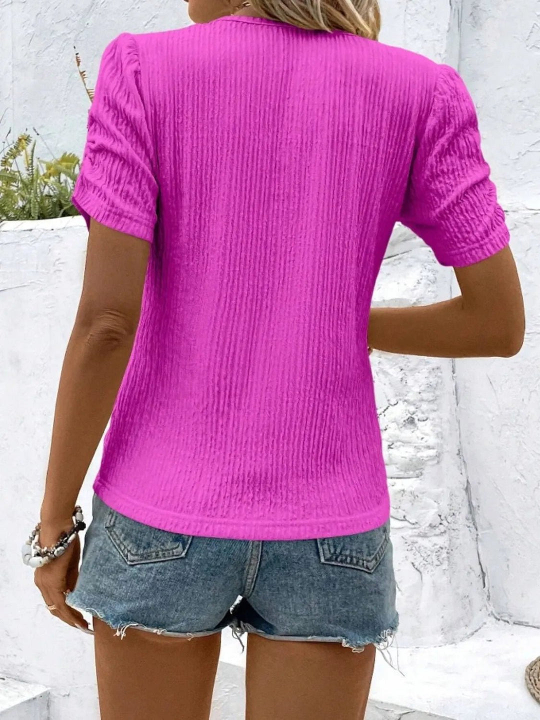 Ruched Round Neck Shorts Sleeve Tops - Nikki &amp; Co. Boutique