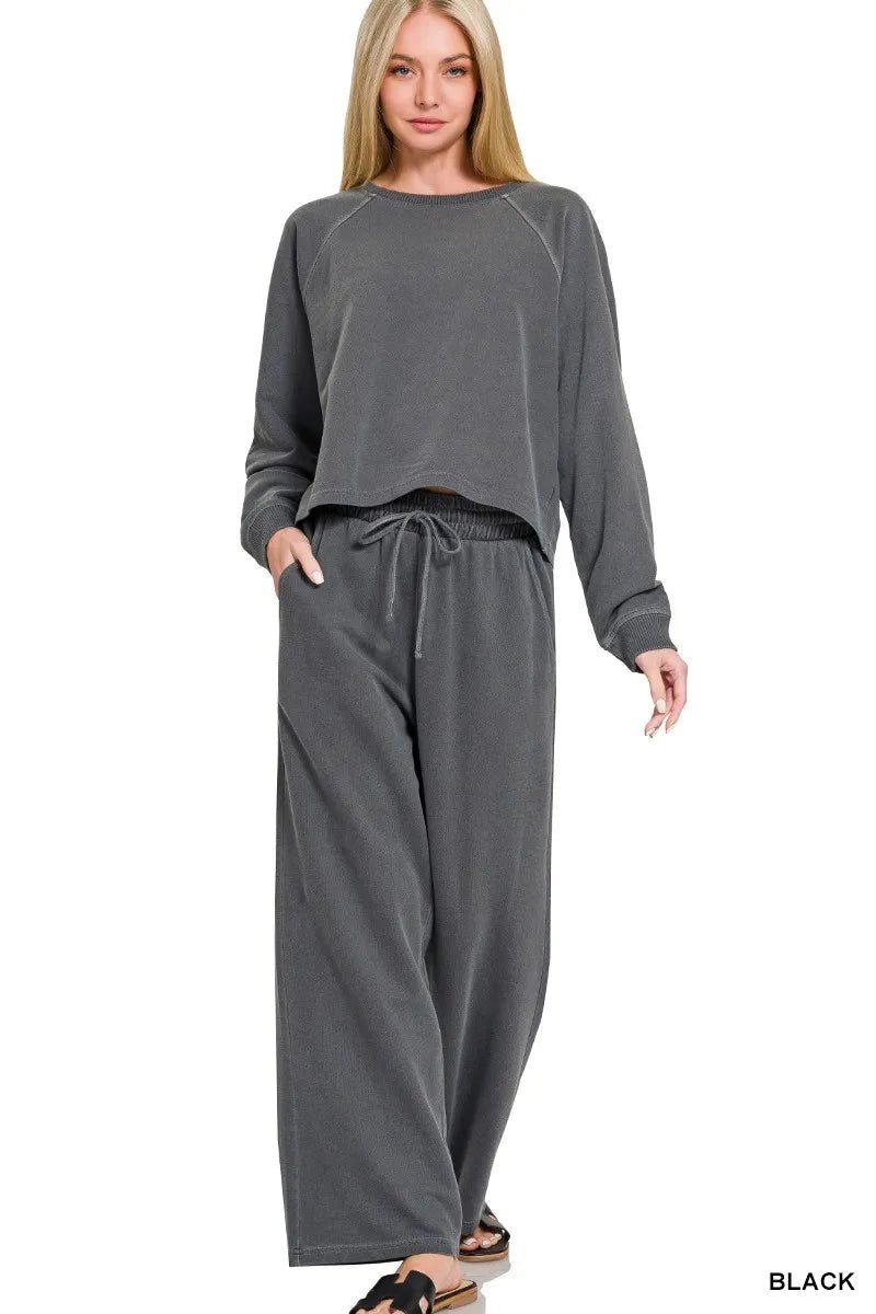 Zenana Washed French Terry Round Neck Pullover &amp; Pants Set - Nikki &amp; Co. Boutique
