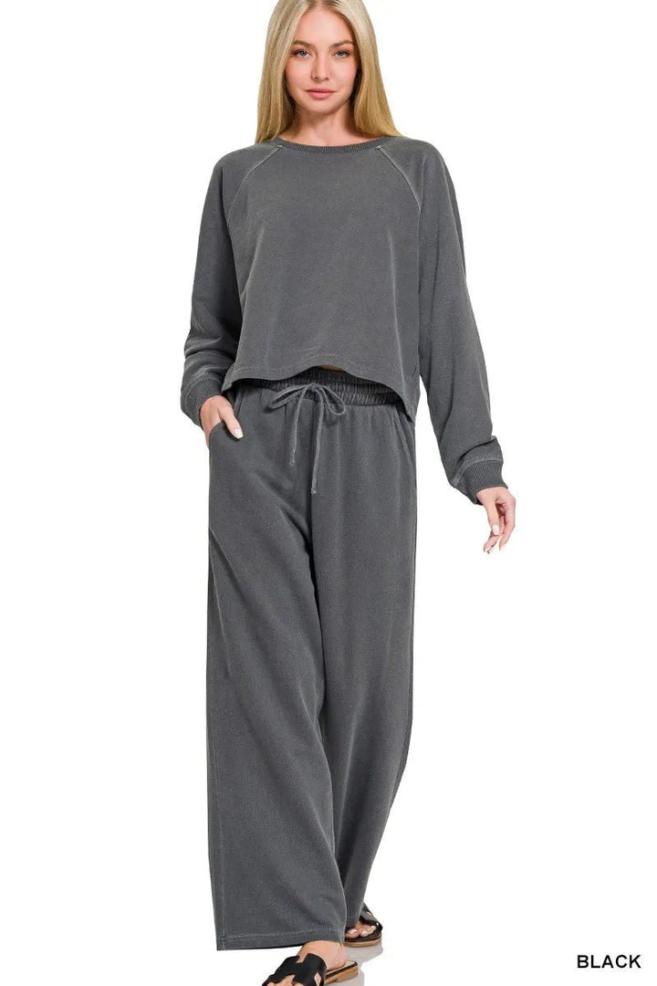 Zenana Washed French Terry Round Neck Pullover &amp; Pants Set - Nikki &amp; Co. Boutique