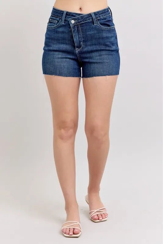 Judy Blue Full Size High Waist Criss - Cross Waistband Denim Shorts in Dark Wash - Nikki &amp; Co. Boutique
