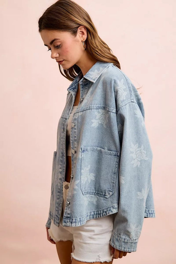 BiBi Printed Washed Denim Jacket With Pocket - Nikki &amp; Co. Boutique