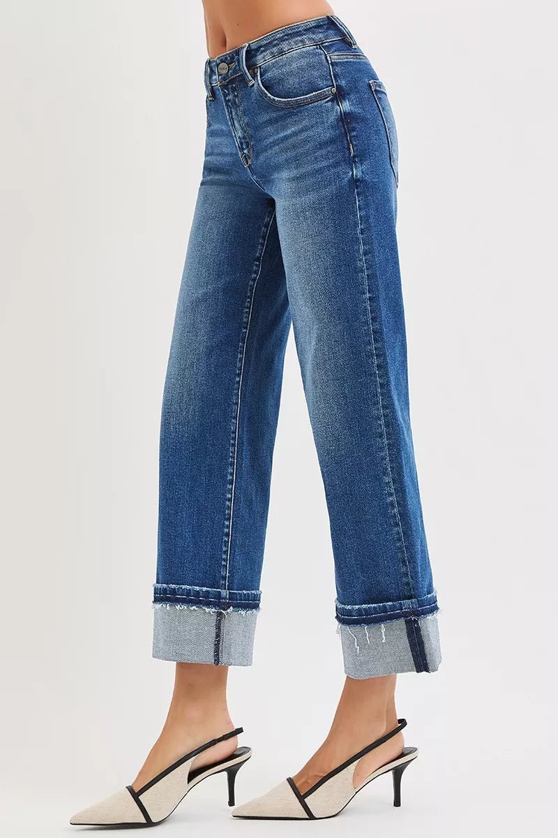 RISEN Mid Rise Ankle Straight Jeans with Cuffed Hem in Dark Wash - Nikki &amp; Co. Boutique
